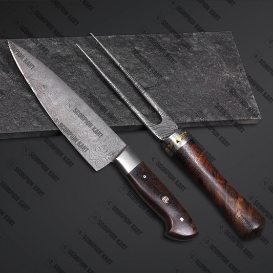 Damascus Chef Knife and Fork Set pure wood handle - Premium best Happy Valentine Day gift from SCORPION KART - Just $96! Shop now at SCORPION KART