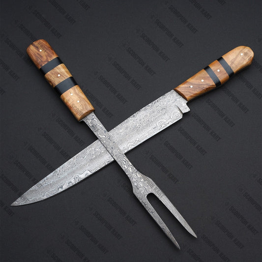 Exquisite Damascus Serving Set - Long Knife and Fork for Elegant Dining - Premium best Happy Valentine Day gift from SCORPION KART - Just $106! Shop now at SCORPION KART