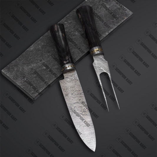 Damascus Chef Knife and Fork Set with Buffalo horn handle - Premium best Happy Valentine Day gift from SCORPION KART - Just $140! Shop now at SCORPION KART