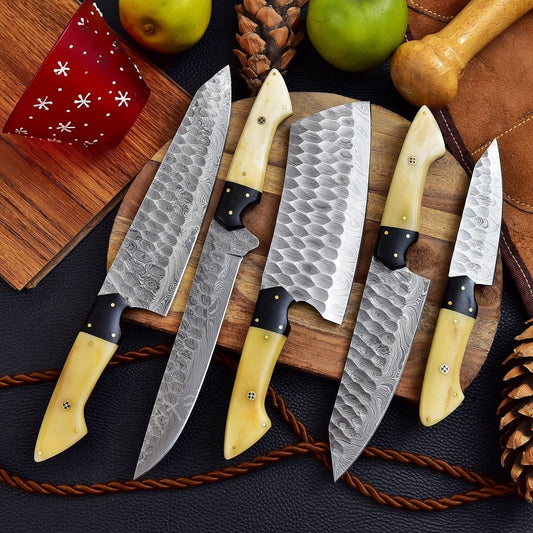 5 Pcs Hand Forged Damascus Chef set, Handmade Kitchen knives, Damascus chef knives, Outdoor Cooking knife, Gift for DAD, Gift for men USA - Premium best Happy Valentine Day gift from SCORPION KART - Just $140! Shop now at SCORPION KART