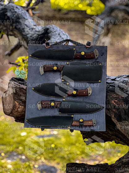 The Black Rose | Damascus 5 Piece Chef Knife Set & Leather Roll - Premium best Happy Valentine Day gift from SCORPION KART - Just $142! Shop now at SCORPION KART