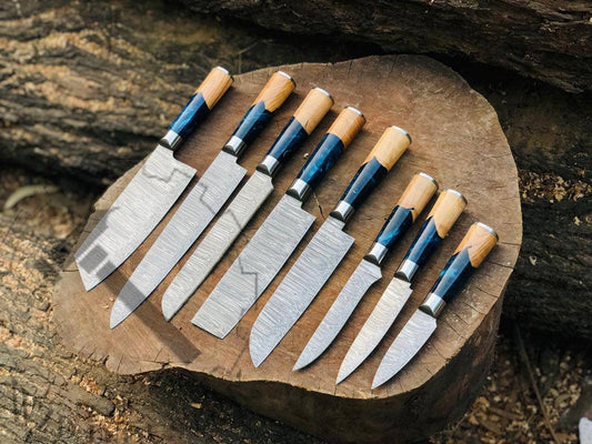 Handmade Chef's Knives Set of 8 Pcs, Damascus Kitchen Knife, Custom Resin Handle w/ Leather Kit Bag, Personalized Gift, Anniversary Gift - Premium best Happy Valentine Day gift from SCORPION KART - Just $300! Shop now at SCORPION KART