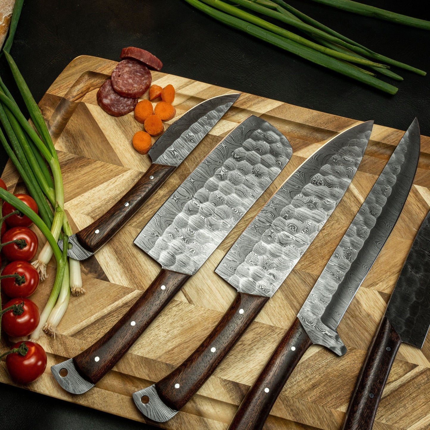 5 pcs Damascus Kitchen Knives Indoor-Outdoor BBQ Cooking Chef Set Knife Full Tang Wood Handle Cleaver Fillet Paring Knife Free Leather Roll - Premium best Happy Valentine Day gift from SCORPION KART - Just $200! Shop now at SCORPION KART