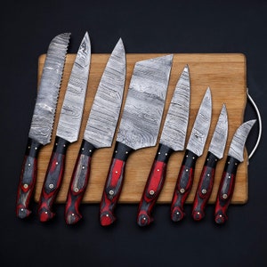 Handmade  Damascus Chef set of 8pcs with Leather sheath Damascus Knife Set Kitchen Knives Set Personalized gift Christmas gift - Premium best Happy Valentine Day gift from SCORPION KART - Just $156.76! Shop now at SCORPION KART