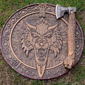 Carved Fenrir Shield Medieval Viking Shield & Axe Set, Viking Wall Art Decor, Viking Round Shield - Premium best Happy Valentine Day gift from SCORPION KART - Just $115.65! Shop now at SCORPION KART