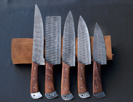 Custom Handmade Damascus Chef Knife Set of 5pcs with Forging Mark Blades and Wooden Handle with Leather Roll-Kitchen Knives-Valentine Gift - Premium best Happy Valentine Day gift from SCORPION KART - Just $159.97! Shop now at SCORPION KART