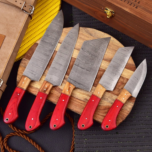 Handmade Damascus Steel Chef set Of 5pcs With Leather Sheath & Wooden Box, Full Kitchen Knife Set, Damascus Chef Set, Newly Design - Premium best Happy Valentine Day gift from SCORPION KART - Just $118.59! Shop now at SCORPION KART