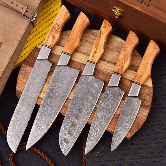 forged Damascus Chef Set of 5 pieces , Chef Knife set Rain Drop, Kitchen Chef Knife Set , Christmas Day gift , Burl Olives wood handle - Premium best Happy Valentine Day gift from SCORPION KART - Just $150! Shop now at SCORPION KART