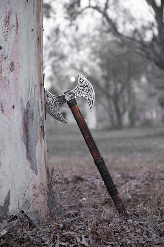 Hand Forged Double Headed Viking Axe with Leather Sheath Cover | Carbon Steel Bearded Axe for Anniversary Gift, Hunting Gift, Gift for him - Premium best Happy Valentine Day gift from SCORPION KART - Just $140! Shop now at SCORPION KART