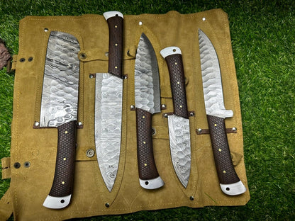 Handmade Damascus Chef set Of 5pcs With Leather Roll Bag, Damascus Knife Set, Damascus Chef Knife, Full Kitchen Knife Set,New Design - Premium best Happy Valentine Day gift from SCORPION KART - Just $142.85! Shop now at SCORPION KART