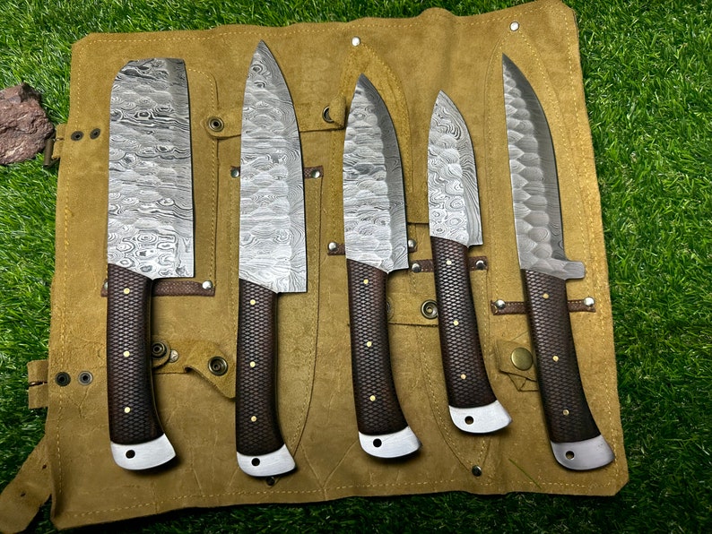 Handmade Damascus Chef set Of 5pcs With Leather Roll Bag, Damascus Knife Set, Damascus Chef Knife, Full Kitchen Knife Set,New Design - Premium best Happy Valentine Day gift from SCORPION KART - Just $142.85! Shop now at SCORPION KART
