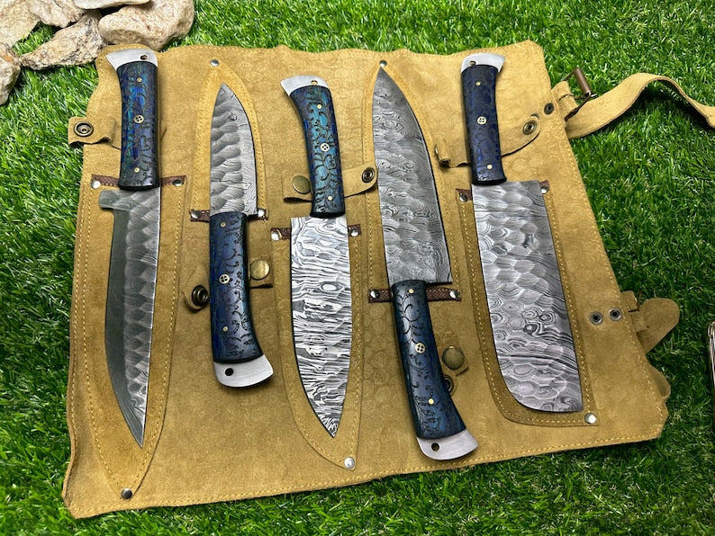 Handmade Damascus Chef set Of 5pcs With Leather, Damascus Knife Set, Damascus Chef Knife, Full Kitchen Knife Set, New Design - Premium best Happy Valentine Day gift from SCORPION KART - Just $142.85! Shop now at SCORPION KART